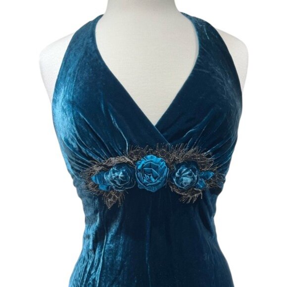 Betsey Johnson Y2K VINTAGE Teal Blue Velvet Maxi Dress NWT - Picture 3 of 13
